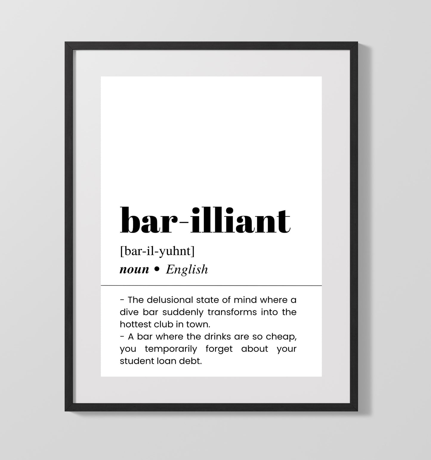 Bar-illiant - Dive Bar Humor - Gallery Frame bar dictionary wall art