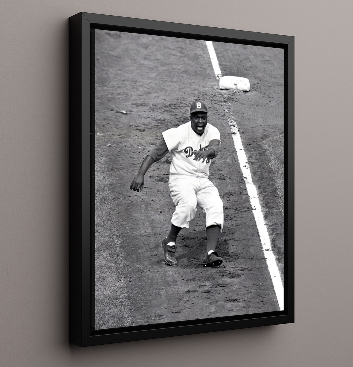 Jackie Robinson - Brooklyn Dugout Slide Celebration 8x10 Framed Canvas baseball wall art
