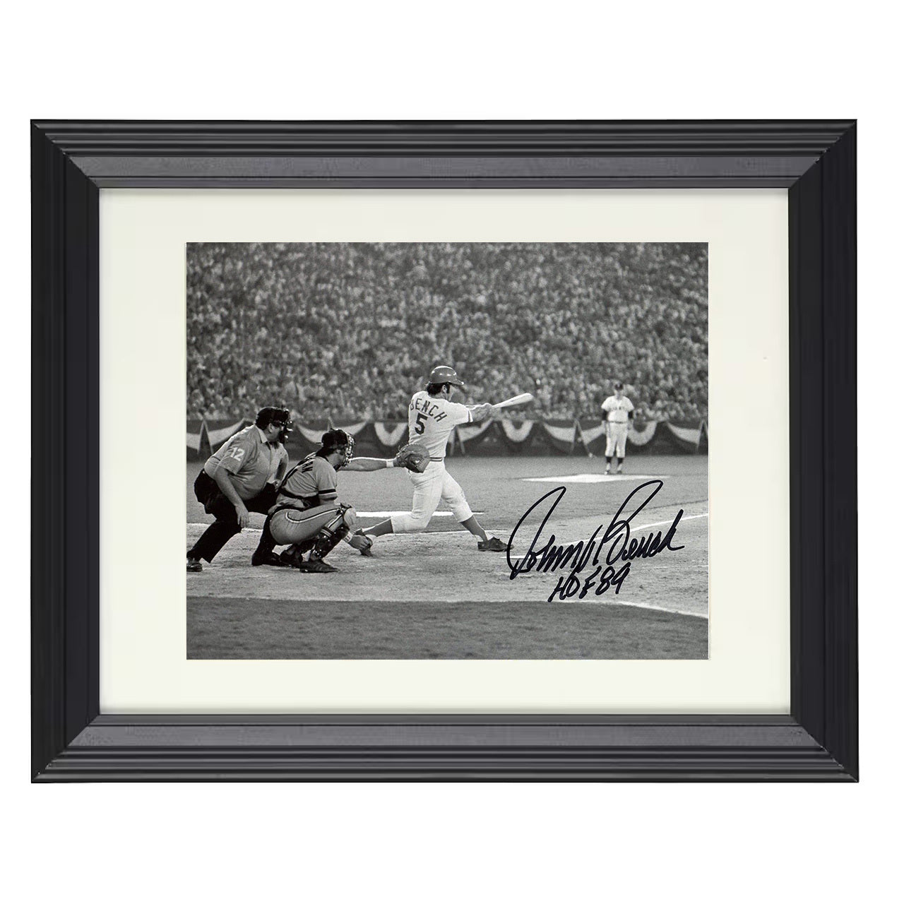 Johnny Bench - At Bat Hall of Fame Inscription 8x10 black beveled framed baseball wall art