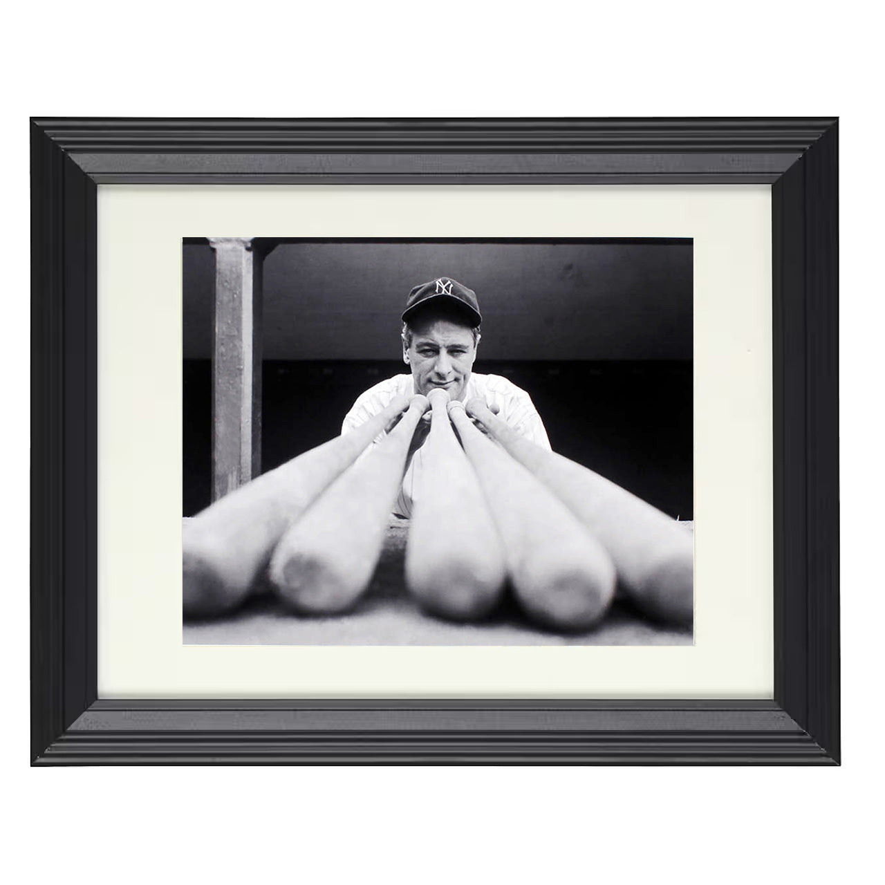 Lou Gehrig - Bats Pointed Toward Camera 8x10 black beveled framed baseball wall art