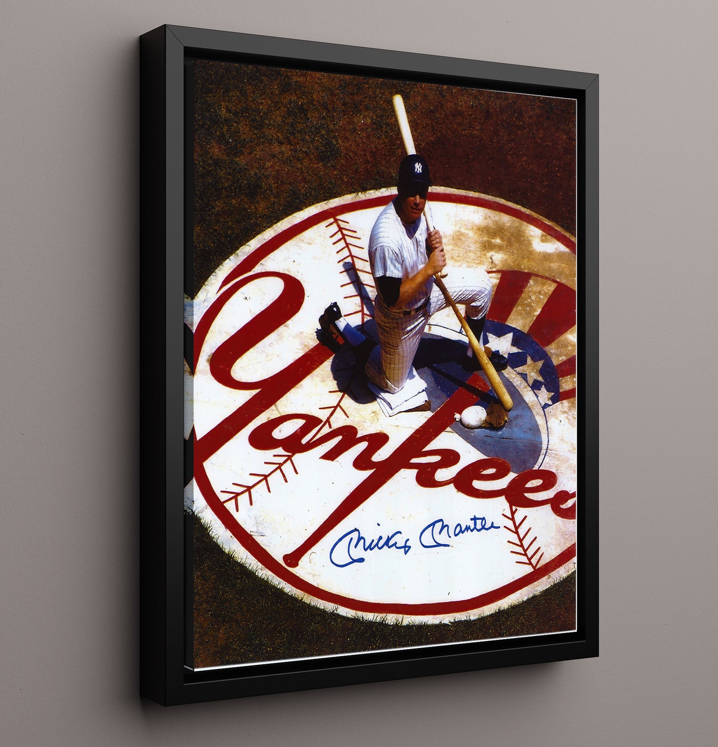 Mickey Mantle - New York Baseball Knee Pose On Logo 8x10 Framed Canvas baseball wall art