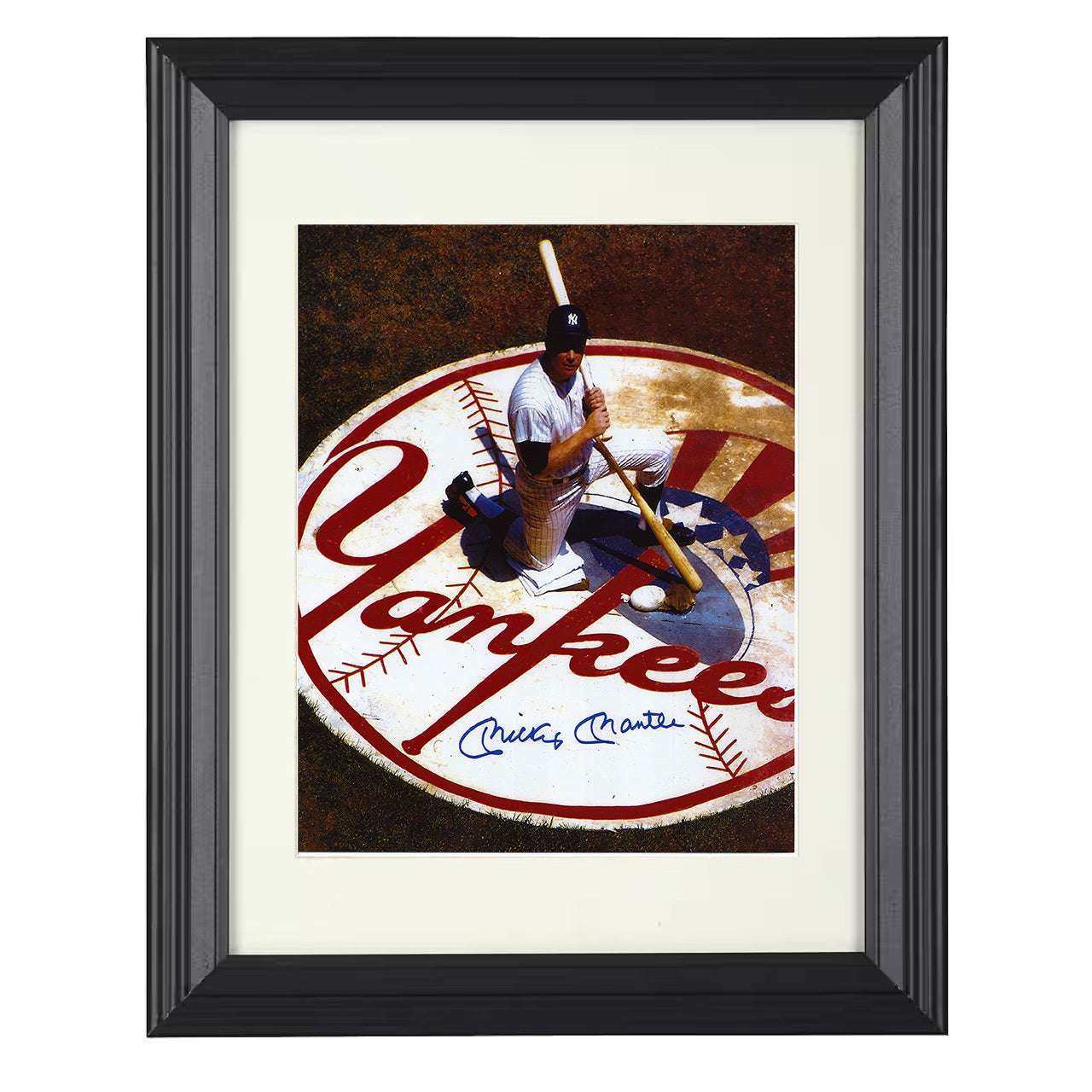 Mickey Mantle - New York Baseball Knee Pose On Logo 8x10 black beveled framed baseball wall art