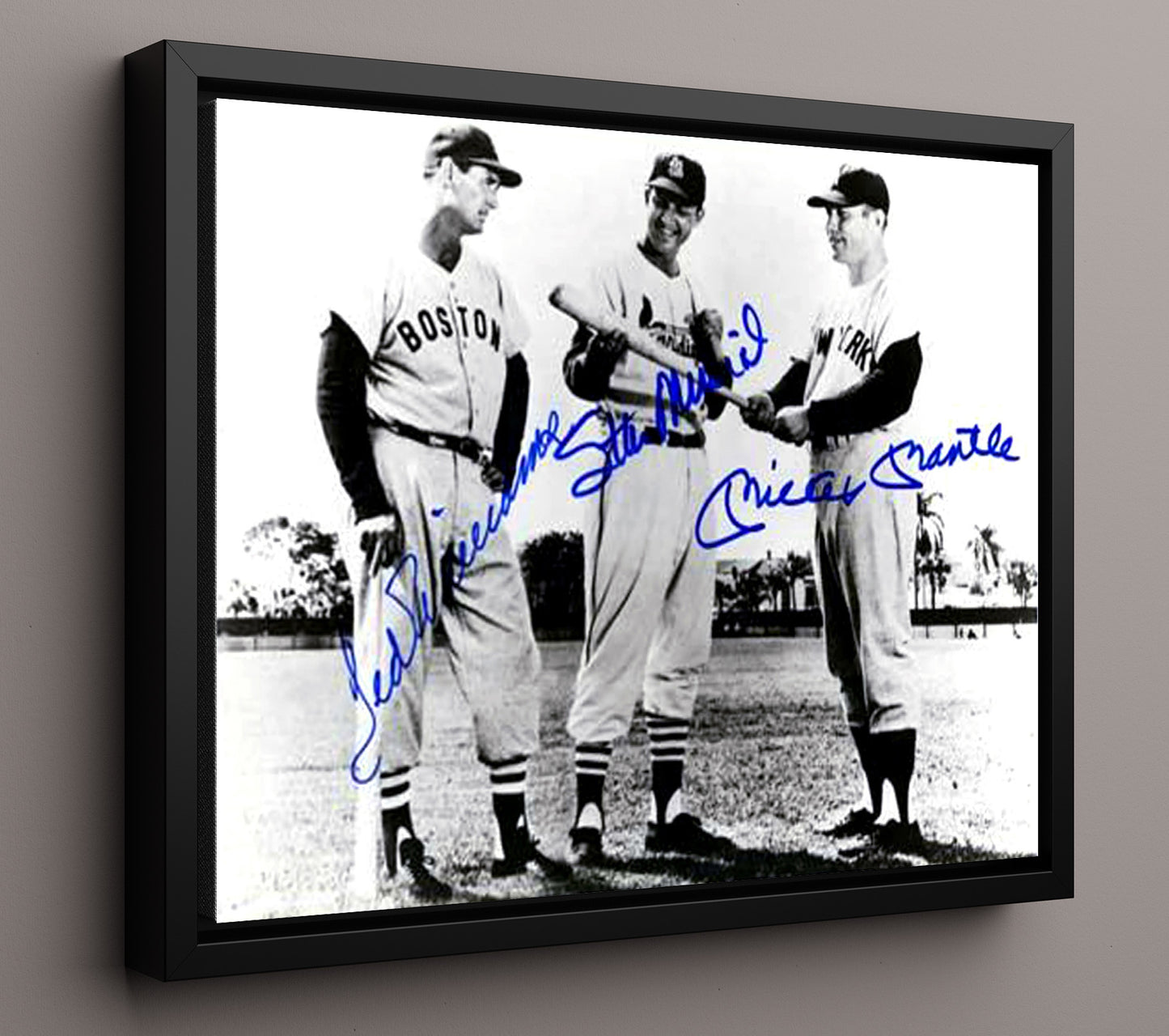 Mickey Mantle and Ted Williams and Stan Musial - Examining the Bat 8x10 Framed Canvas baseball wall art
