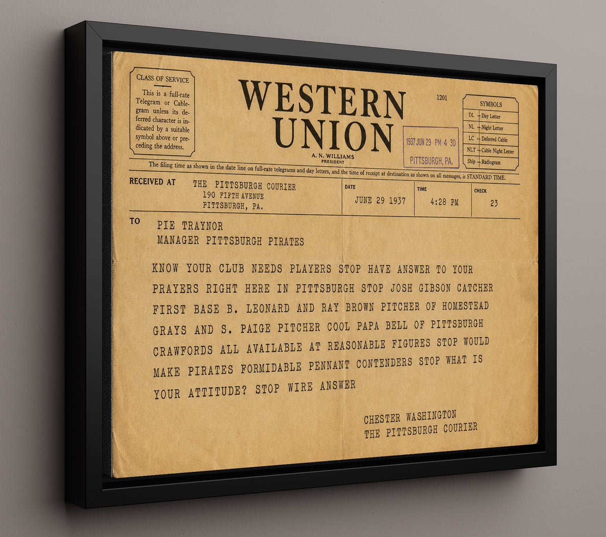 Negro League Stars Recruitment Telegram 1937 8x10 Framed Canvas baseball wall art