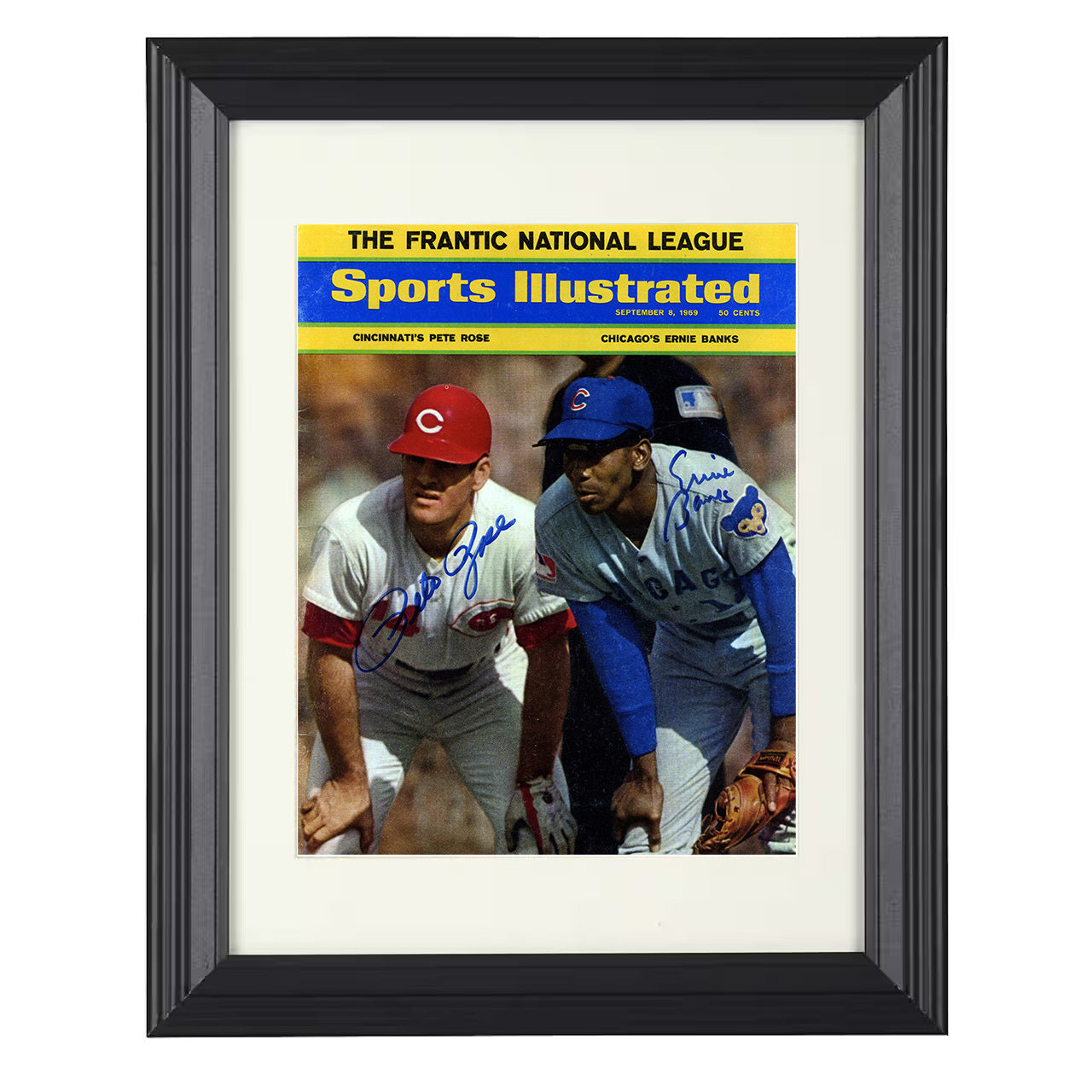 Pete Rose and Ernie Banks - 1969 SI Cover Cincinnati and Chicago Legends 8x10 black beveled framed baseball wall art