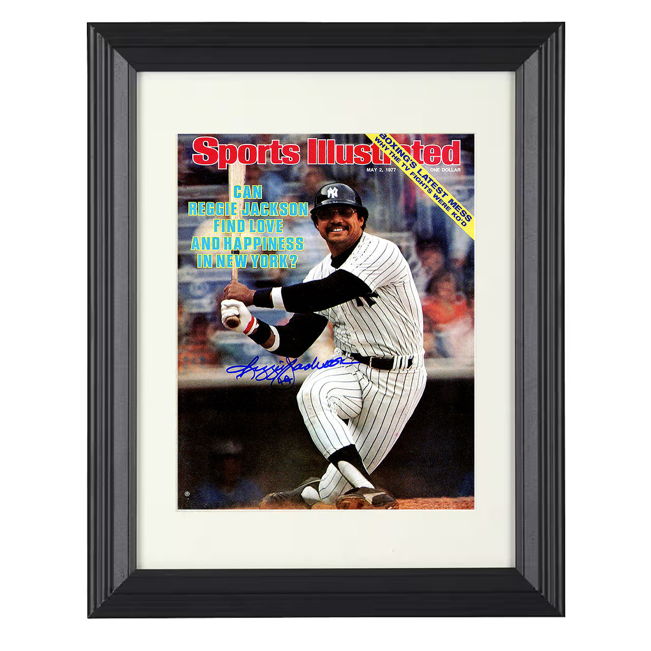 Reggie Jackson - 1977 SI Cover New York Legend Swinging Spotlight 8x10 black beveled framed baseball wall art
