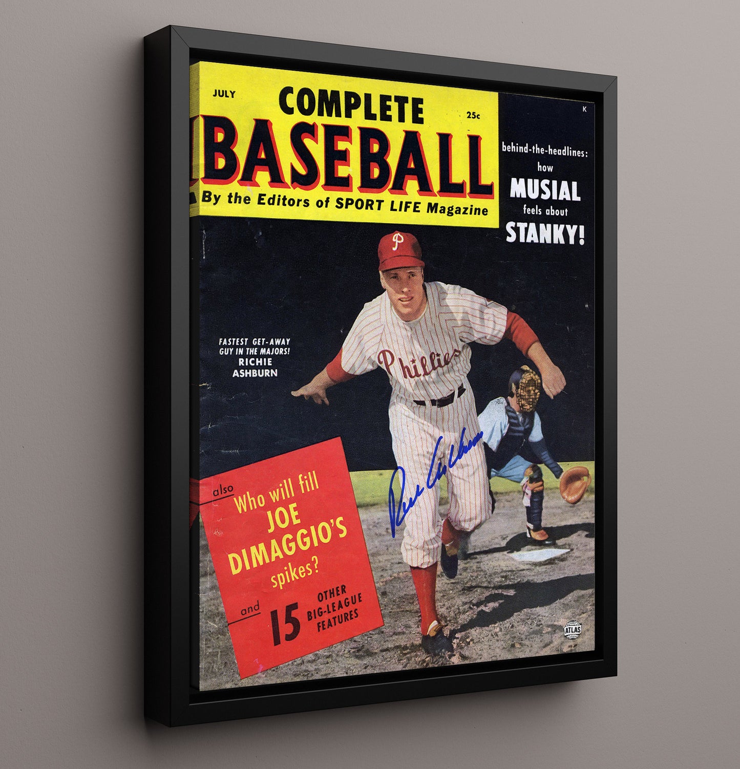 Richie Ashburn - Complete Baseball 1955 - Signed - Action 8x10 Framed Canvas baseball wall art