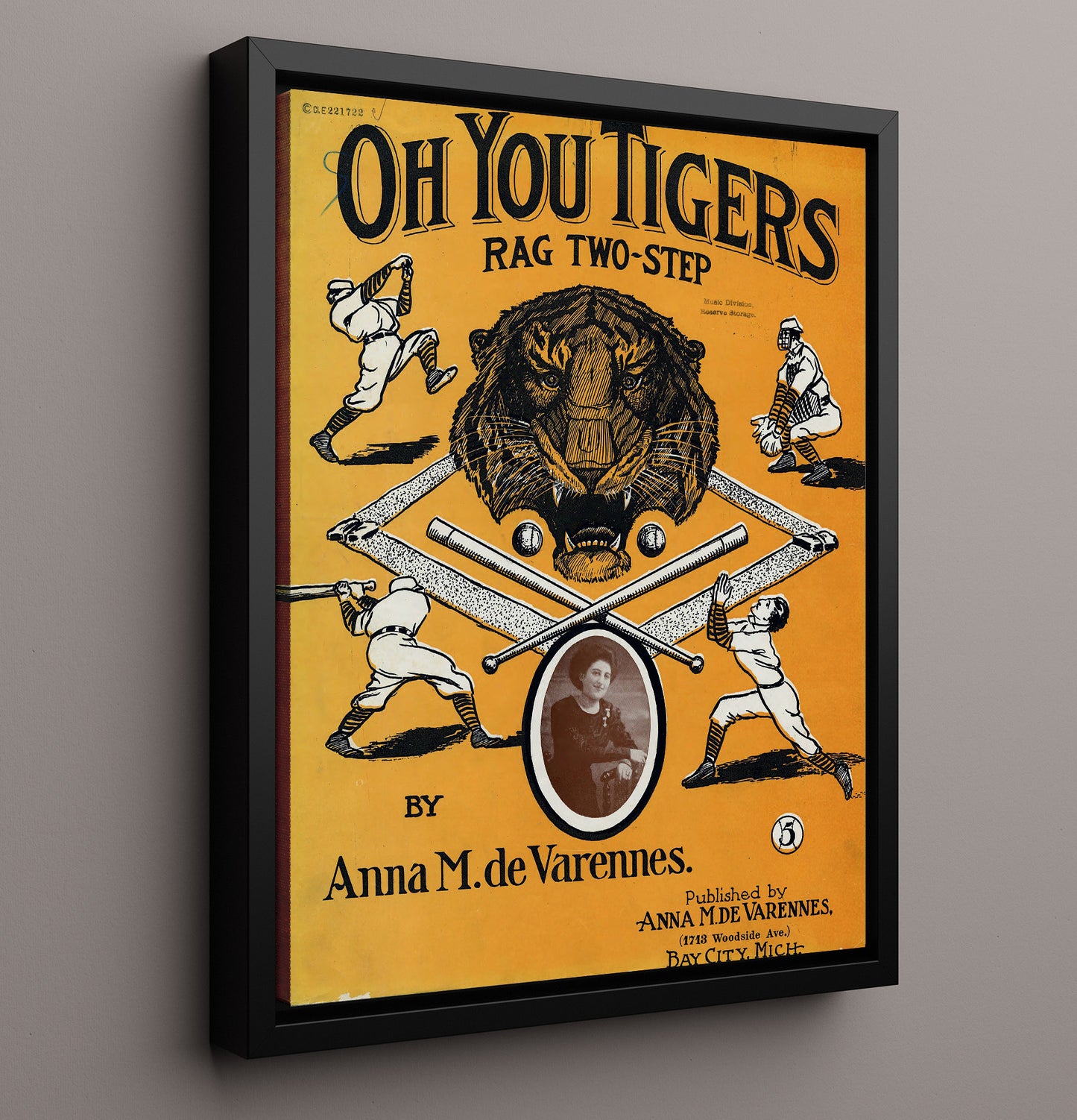 Oh You Tigers - Rag Two - Step Sheet Music Cover 8x10 Framed Canvas baseball wall art