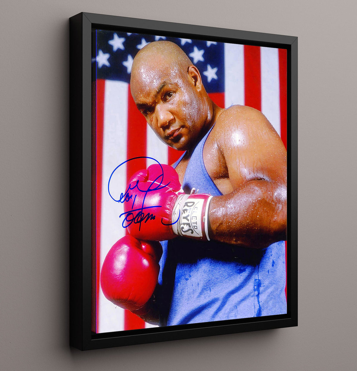 George Foreman - American Flag Portrait 16x20 Framed Canvas – Boxing Canvas Wall Art