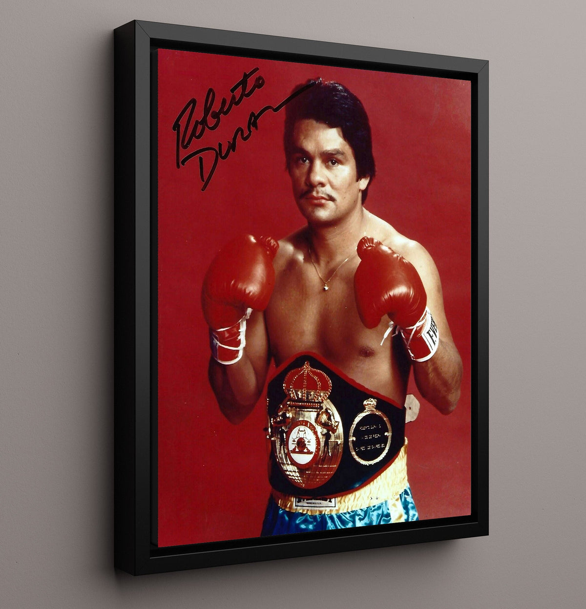 Roberto Duran - Champion With Belt Portrait 16x20 Framed Canvas – Boxing Canvas Wall Art