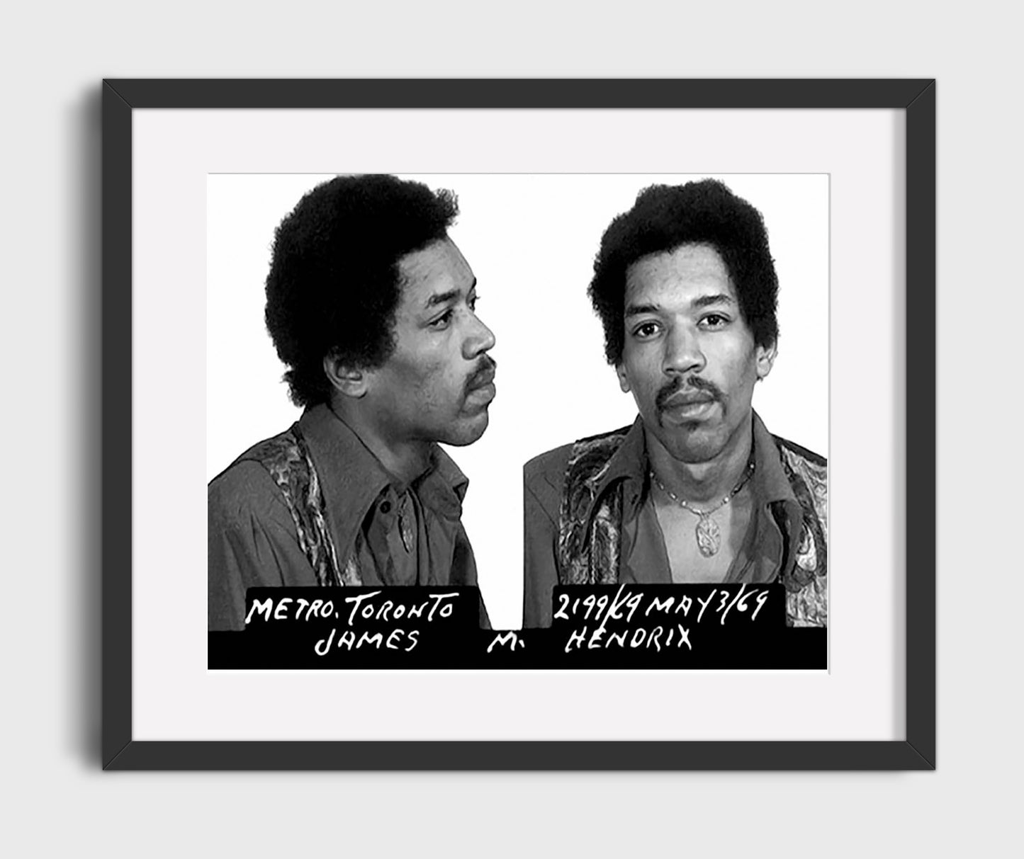 Jimi Hendrix - Toronto Police Department 1969 mug shot wall art 20x24 Canvas