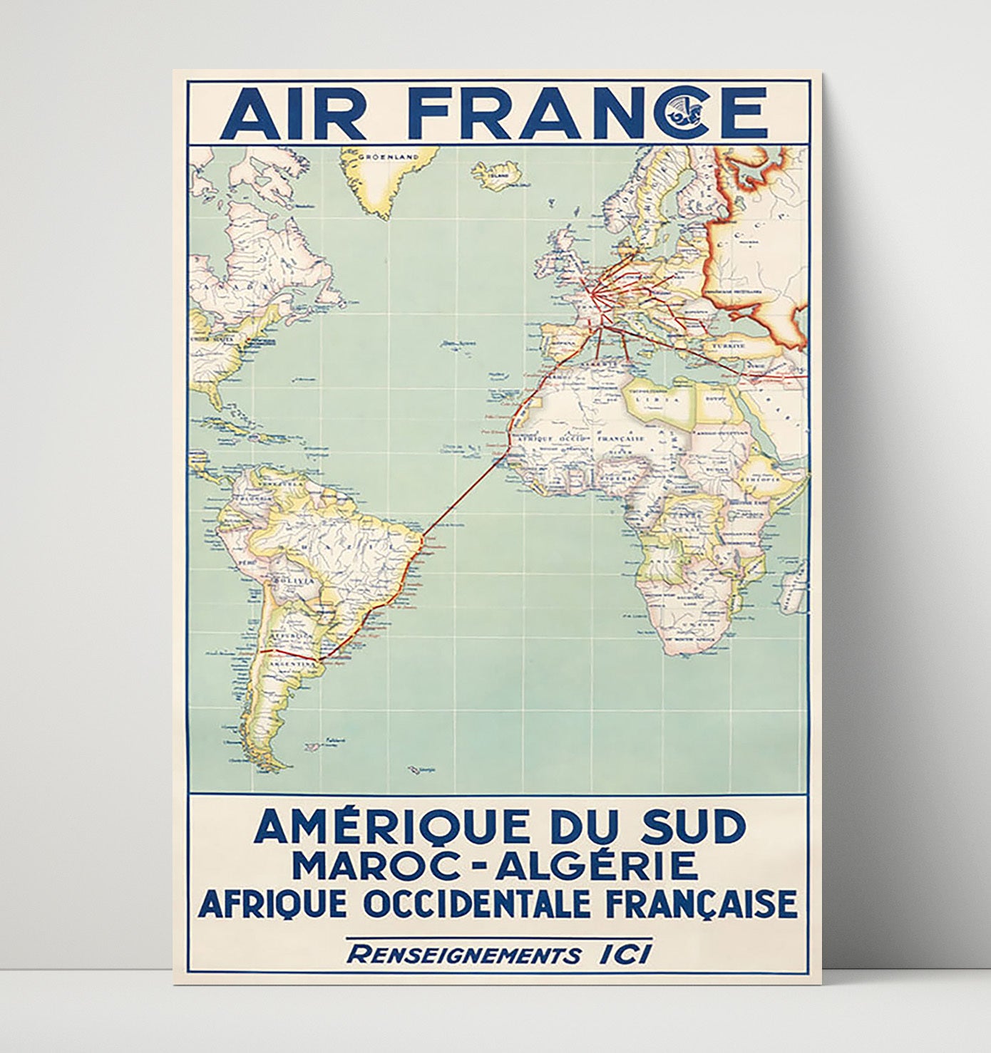 Air France South America Africa Map Vintage Travel Print 16x20 Unframed Print travel wall art print