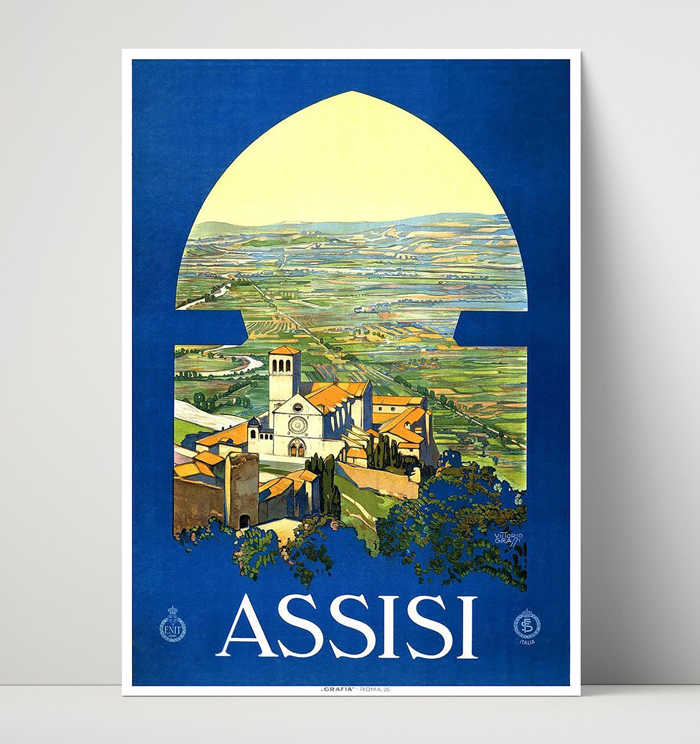 Assisi Basilica and Valley View Vintage Travel Print 16x20 Unframed Print travel wall art print