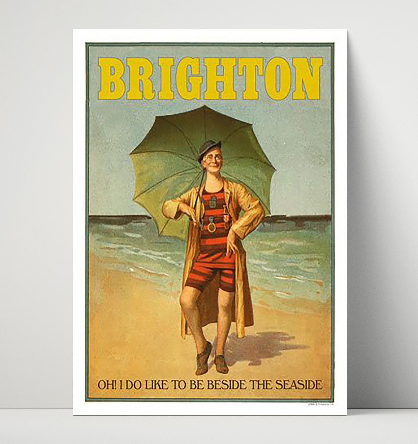 Brighton Bathing Suit Umbrella Vintage Travel Print 16x20 Unframed Print travel wall art print