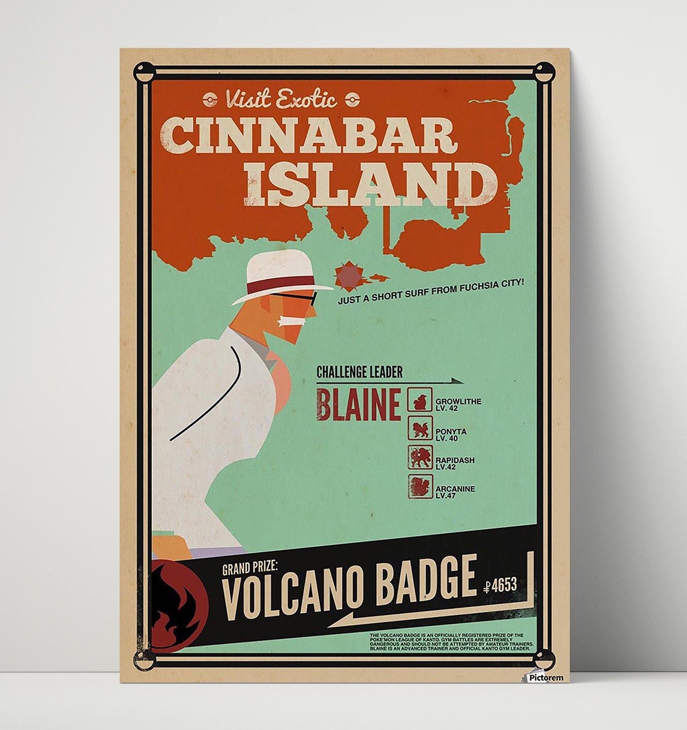 Cinnabar Island Volcano Badge Vintage Travel Print 16x20 Unframed Print travel wall art print