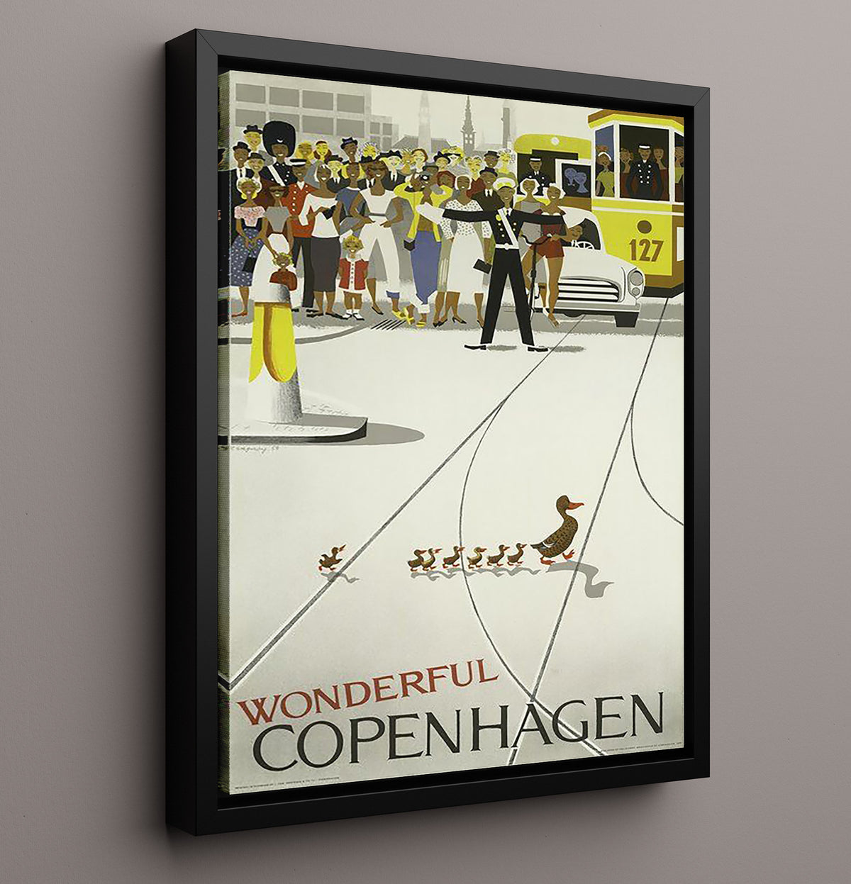 Copenhagen Ducklings Crossing and Tram - Travel - 16x20 Framed Canvas