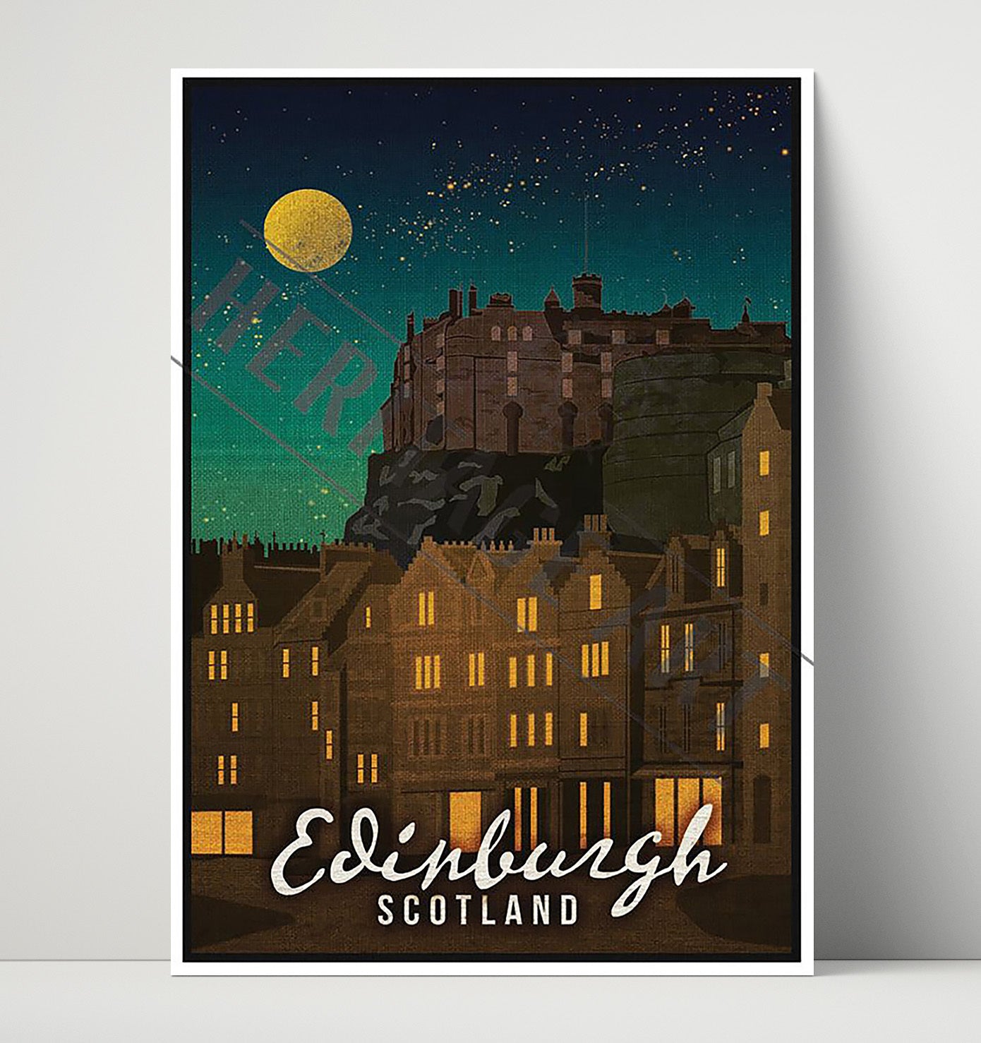 Edinburgh Castle at Night Vintage Travel Print 16x20 Unframed Print travel wall art print