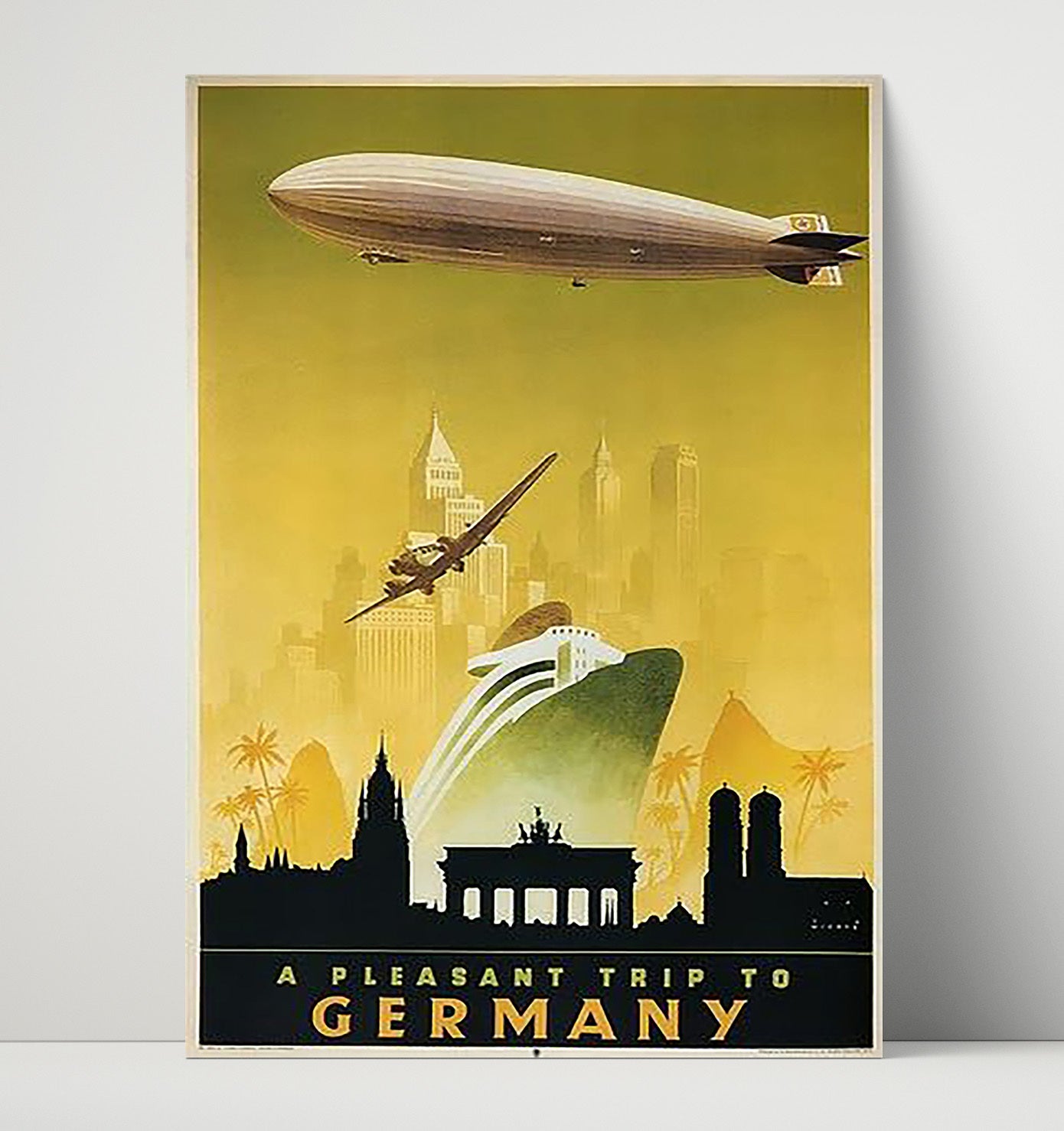 Germany Zeppelin and Brandenburg Gate Vintage Travel Print 16x20 Unframed Print travel wall art print