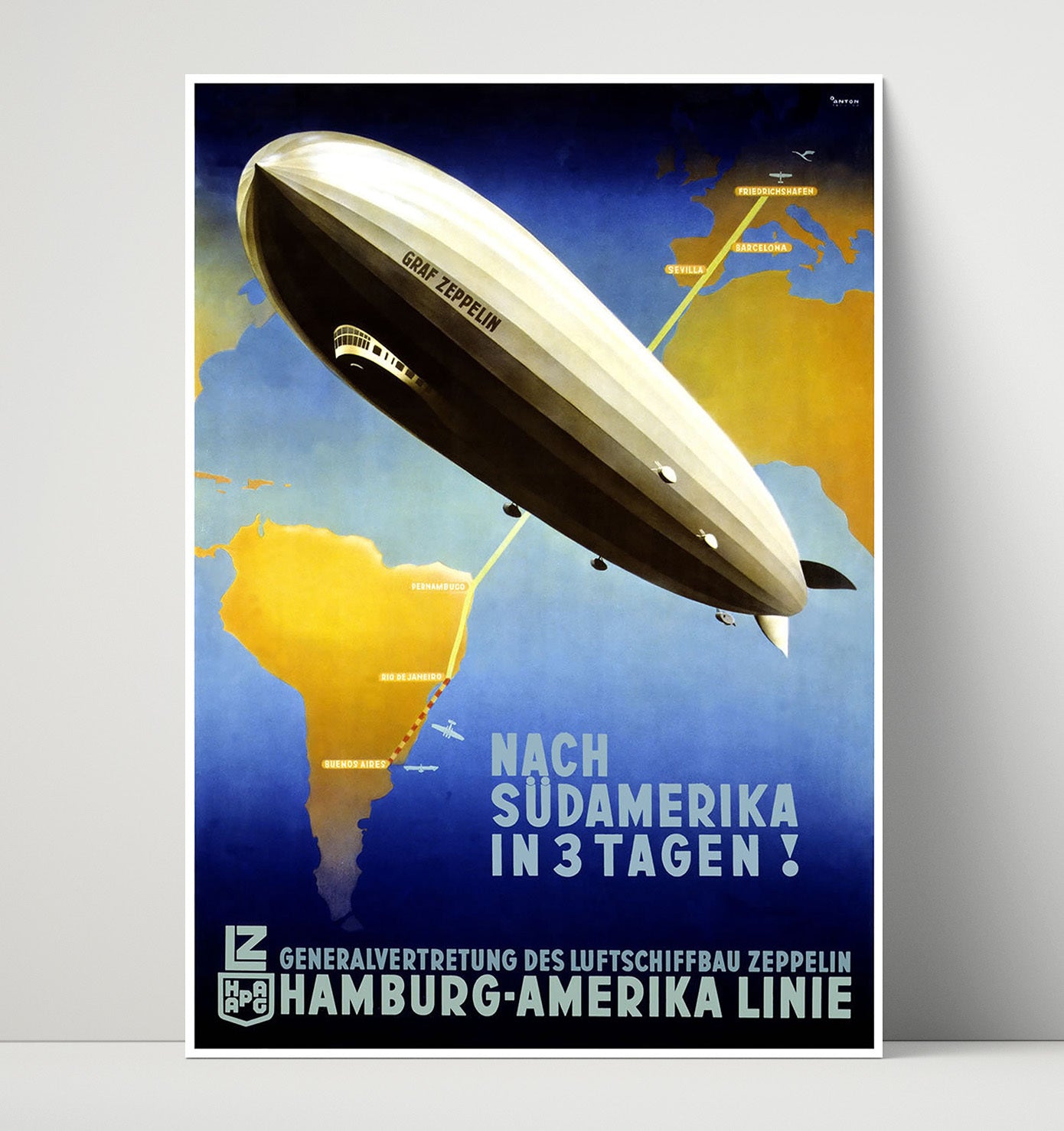 Hamburg America Zeppelin Vintage Travel Print 16x20 Unframed Print travel wall art print