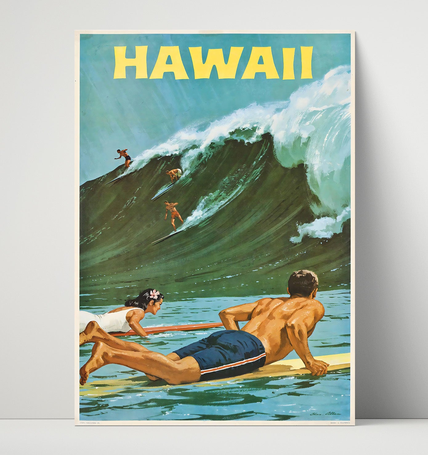 Hawaii Surfing Scene Vintage Travel Print 16x20 Unframed Print travel wall art print