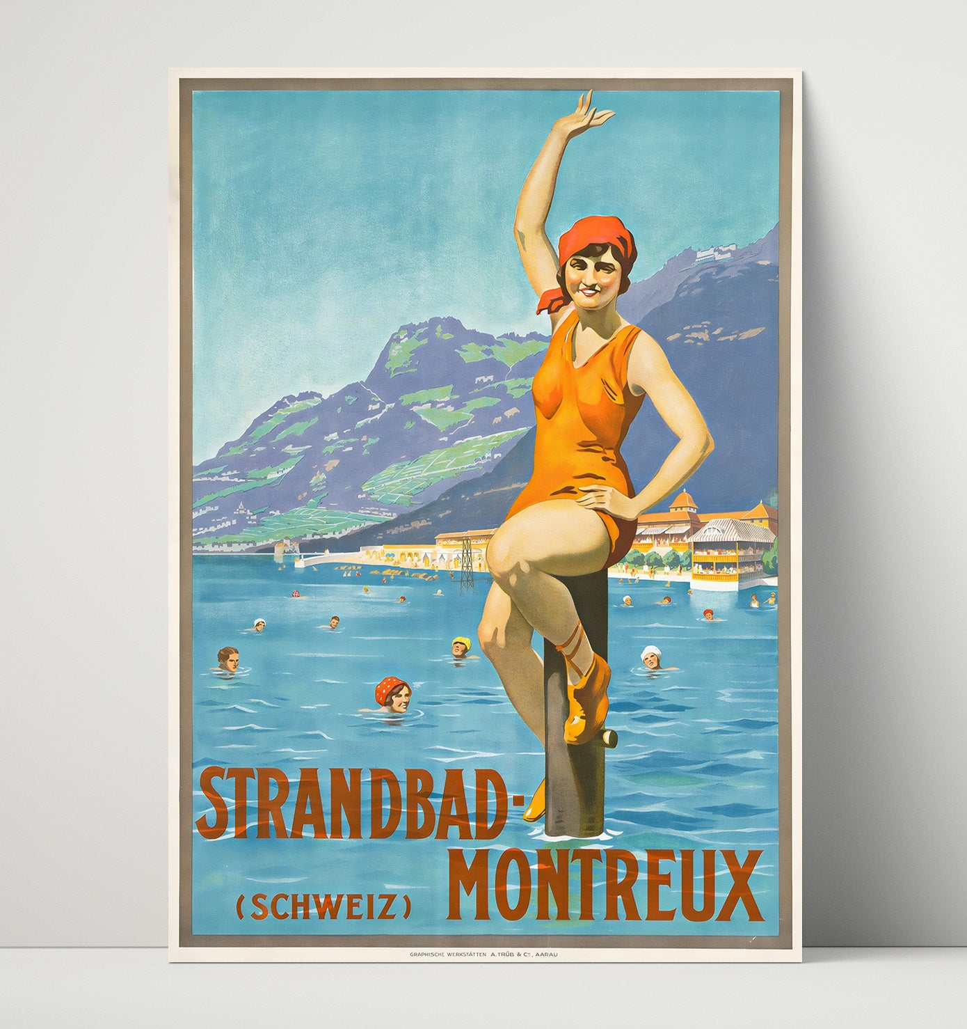 Montreux Strandbad Swimming Vintage Travel Print 16x20 Unframed Print travel wall art print