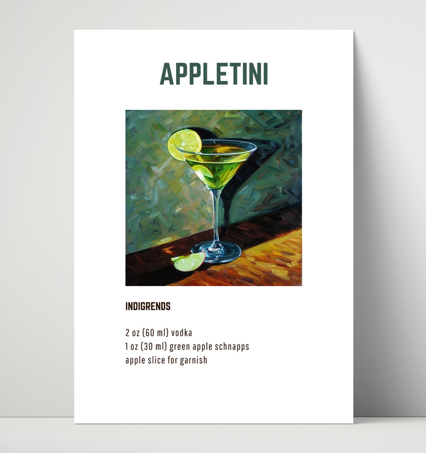 Appletini 16x20 Unframed Print cocktail recipe wall art print – Cocktail Recipies decor