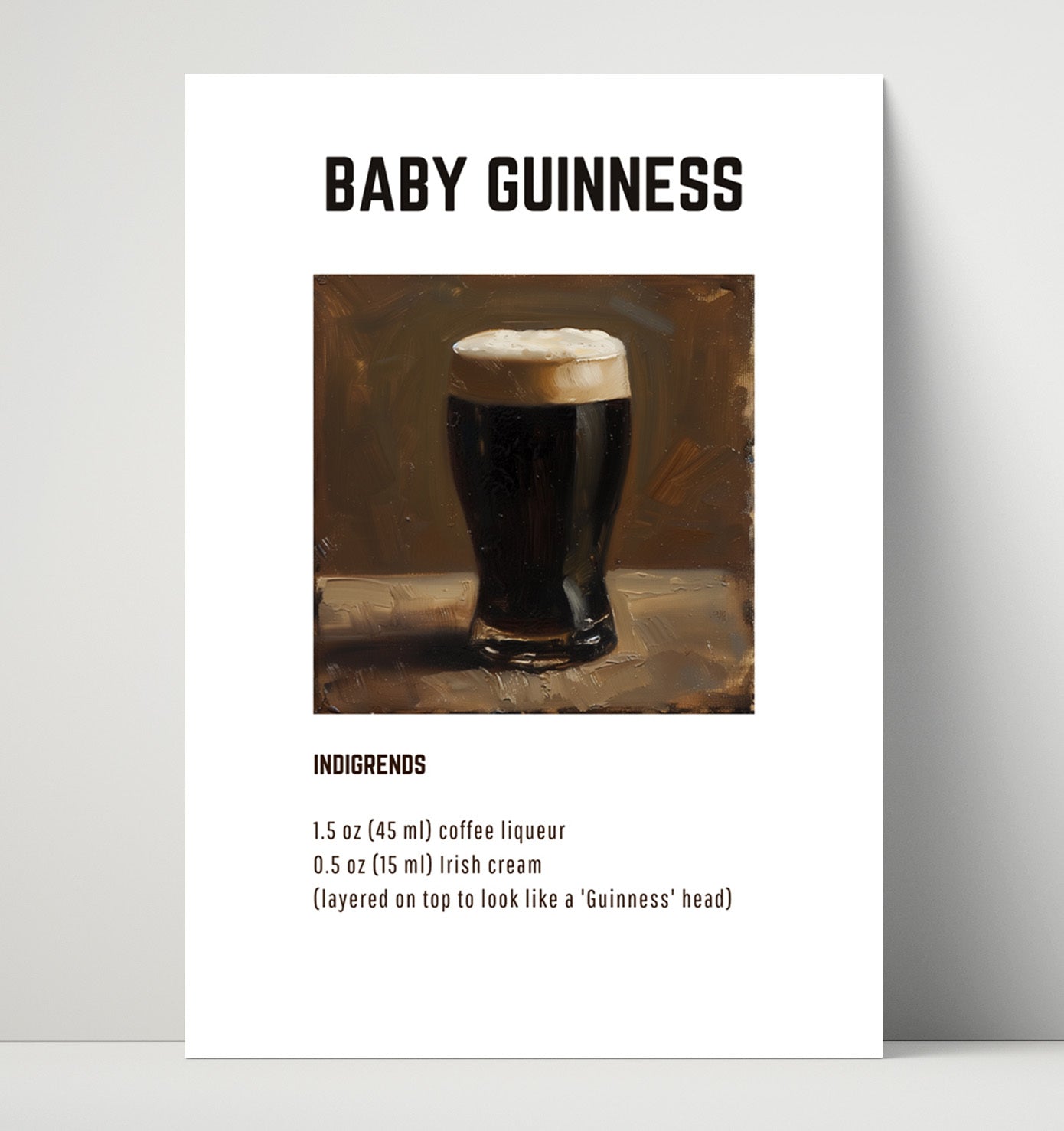 Baby Guinness 16x20 Unframed Print cocktail recipe wall art print – Cocktail Recipies decor