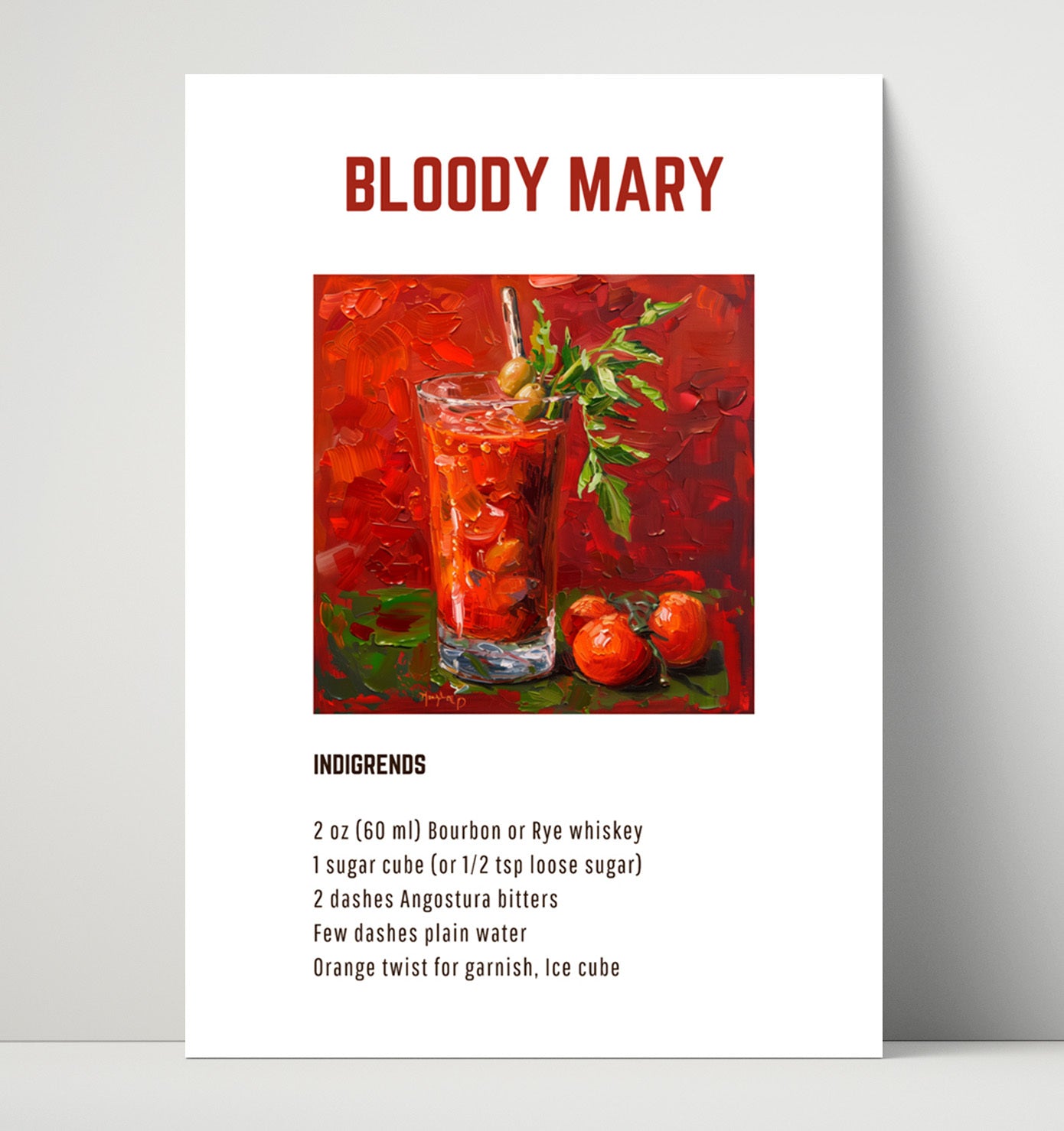 Bloody Mary 16x20 Unframed Print cocktail recipe wall art print – Cocktail Recipies decor