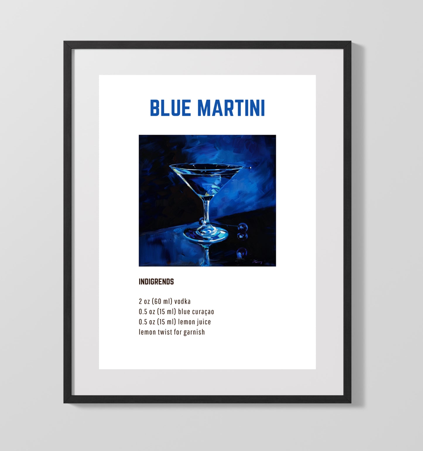 Blue Martini 16x20 Unframed Print cocktail recipe wall art