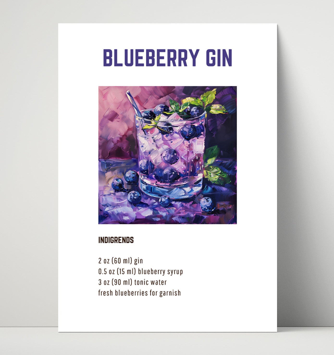 Blueberry Gin 16x20 Unframed Print cocktail recipe wall art print – Cocktail Recipies decor