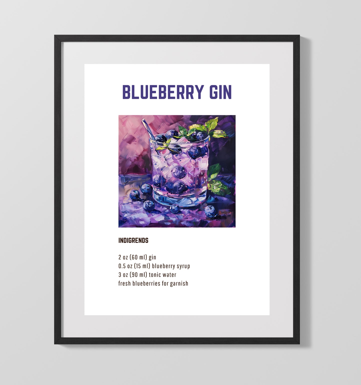 Blueberry Gin 16x20 Unframed Print cocktail recipe wall art