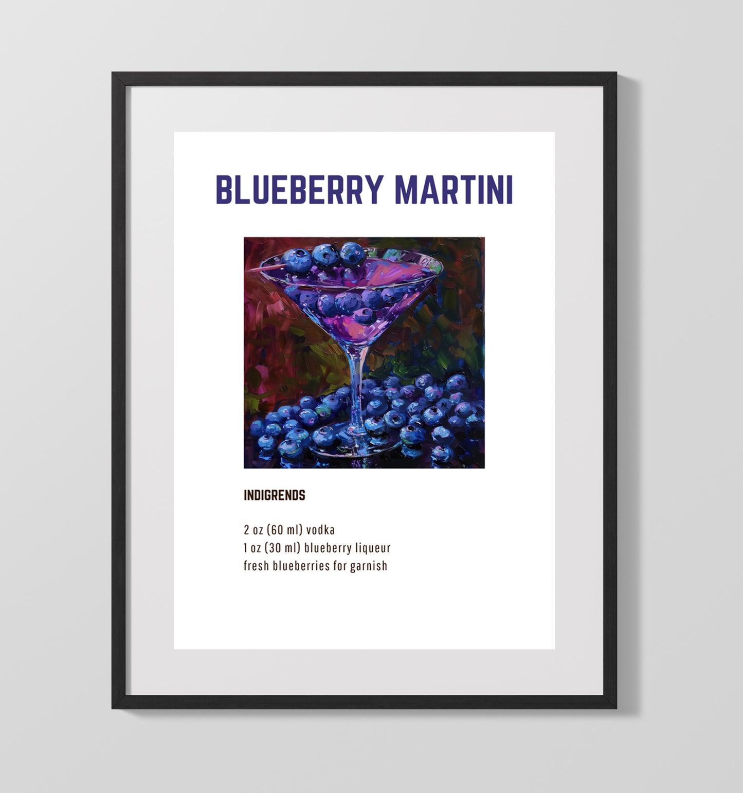 Blueberry Martini 16x20 Unframed Print cocktail recipe wall art