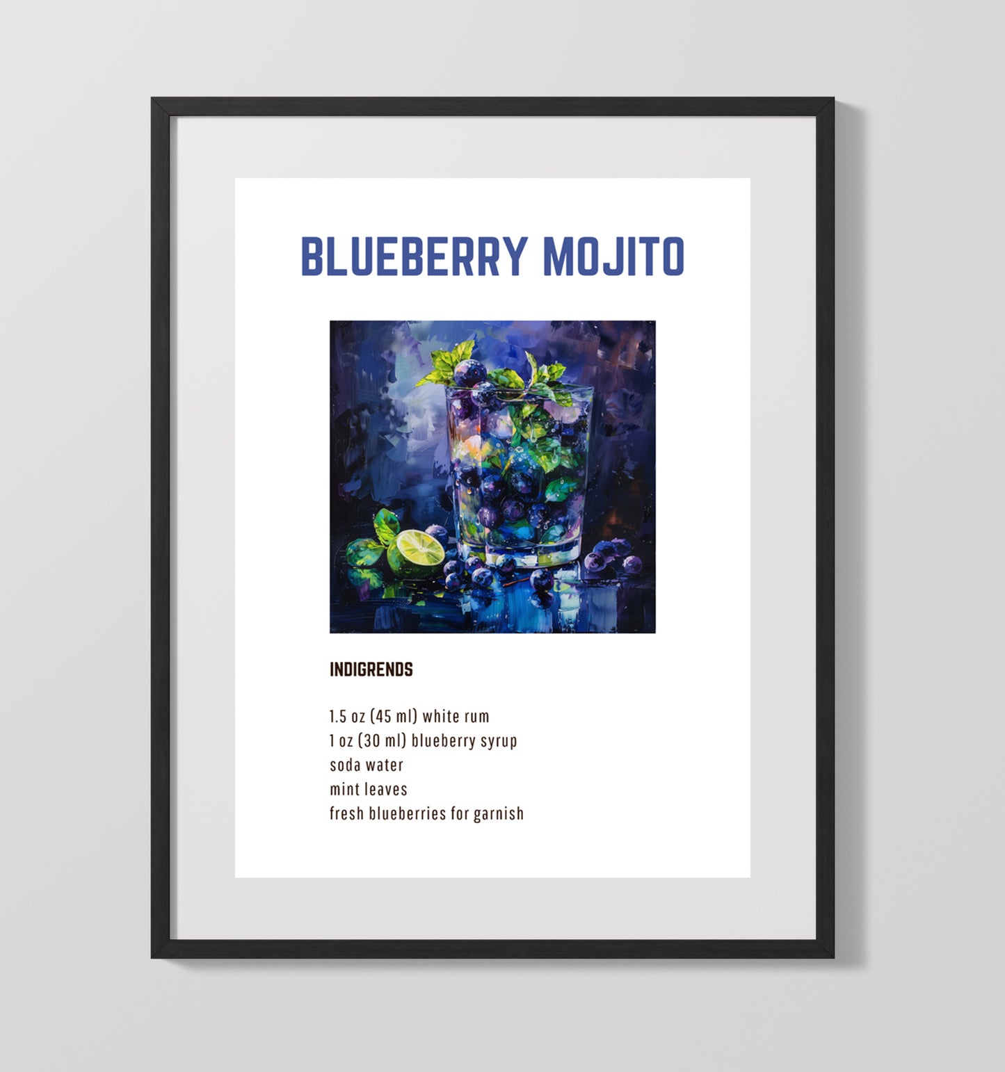 Blueberry Mojito 16x20 Unframed Print cocktail recipe wall art