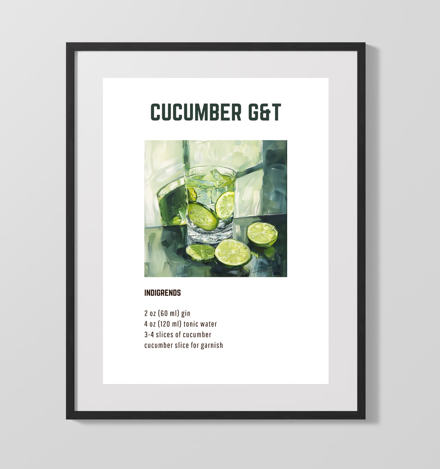 Cucumber Gin & Tonic 16x20 Unframed Print cocktail recipe wall art