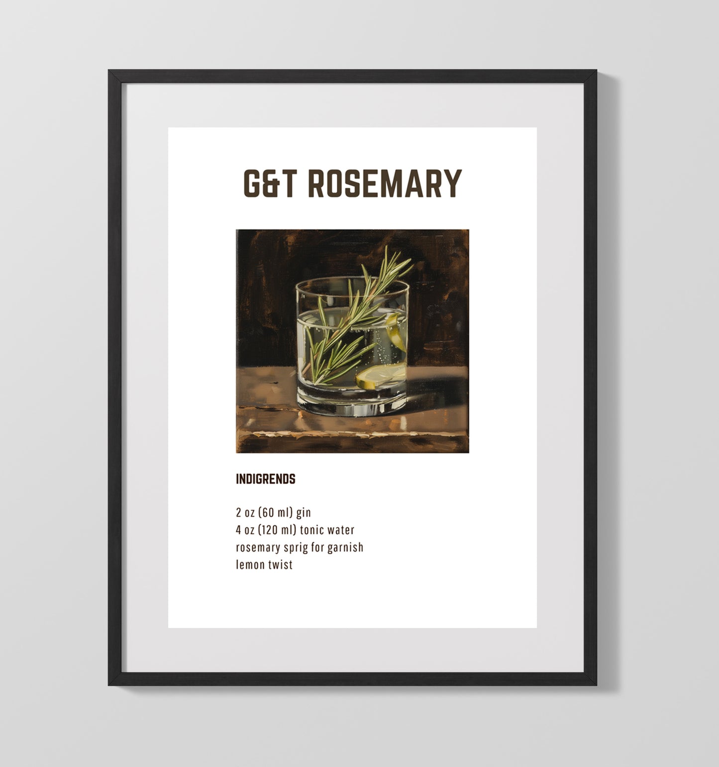 Gin & Tonic Rosemary 16x20 Unframed Print cocktail recipe wall art