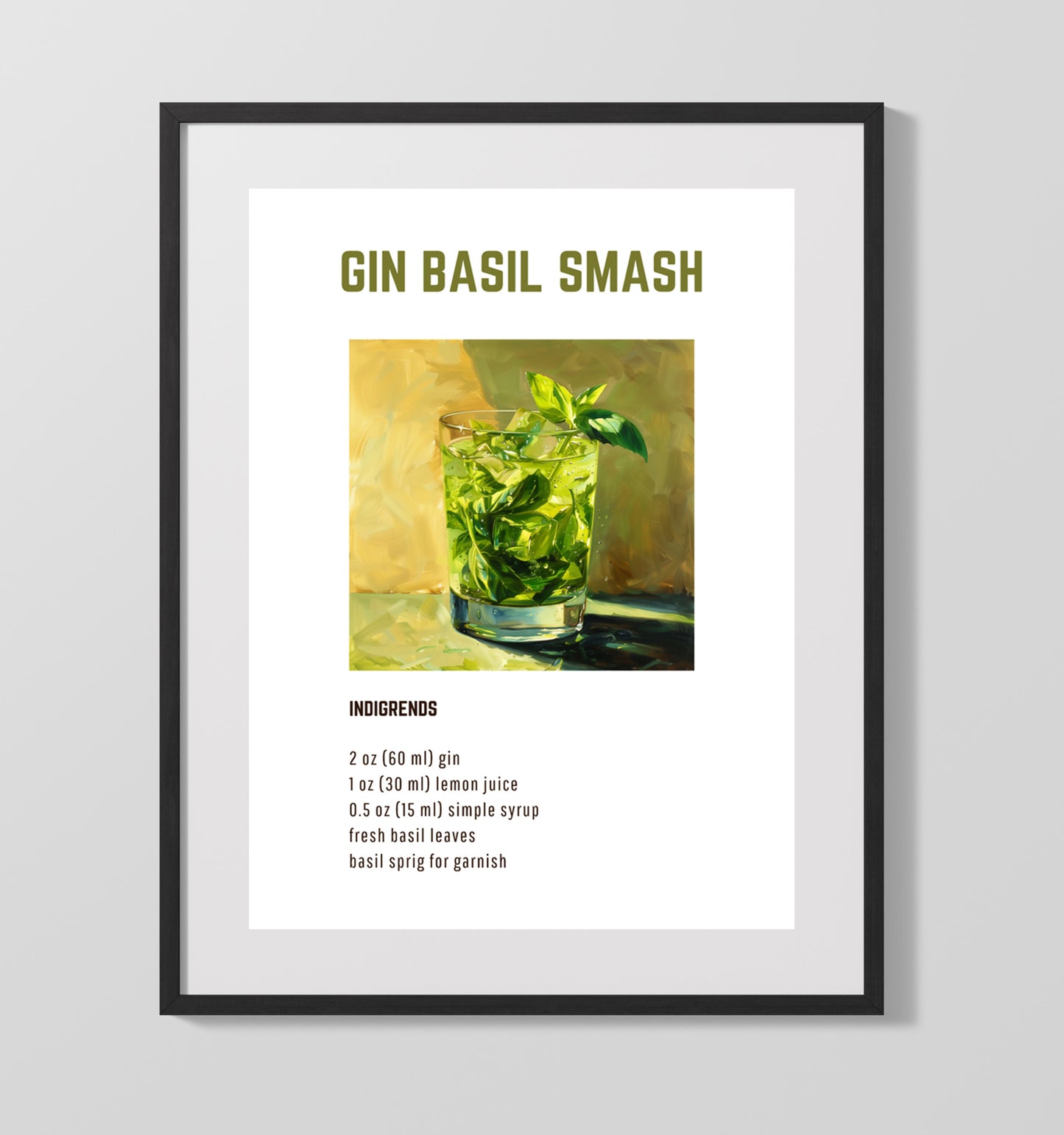 Gin Basil Smash 16x20 Unframed Print cocktail recipe wall art