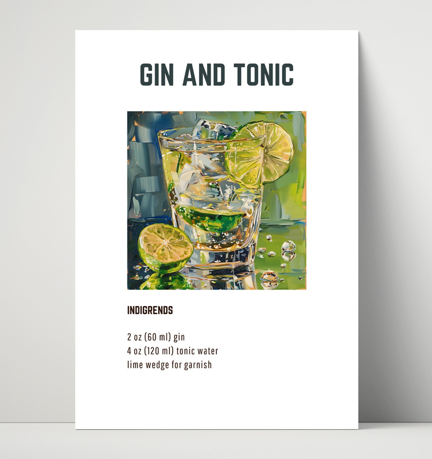 Gin and Tonic 16x20 Unframed Print cocktail recipe wall art print – Cocktail Recipies decor
