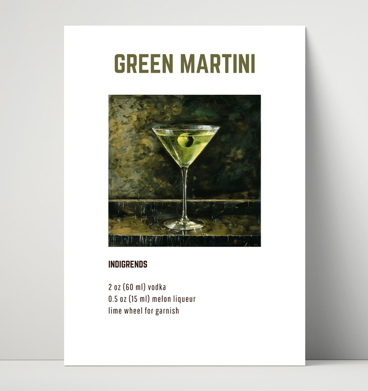 Green Martini 16x20 Unframed Print cocktail recipe wall art print – Cocktail Recipies decor