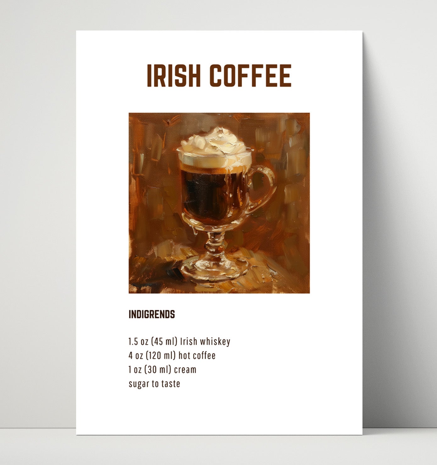 Irish Coffee 16x20 Unframed Print cocktail recipe wall art print – Cocktail Recipies decor