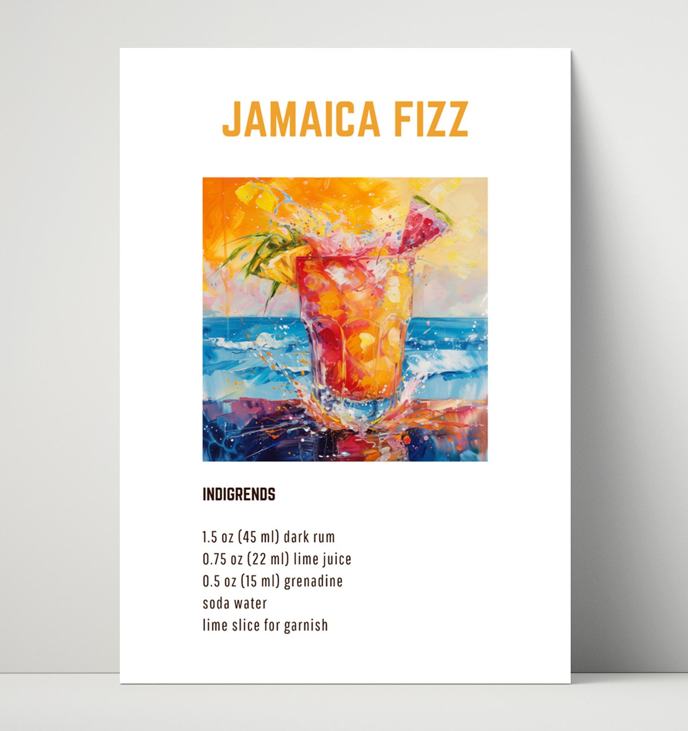 Jamaica Fizz 16x20 Unframed Print cocktail recipe wall art print – Cocktail Recipies decor