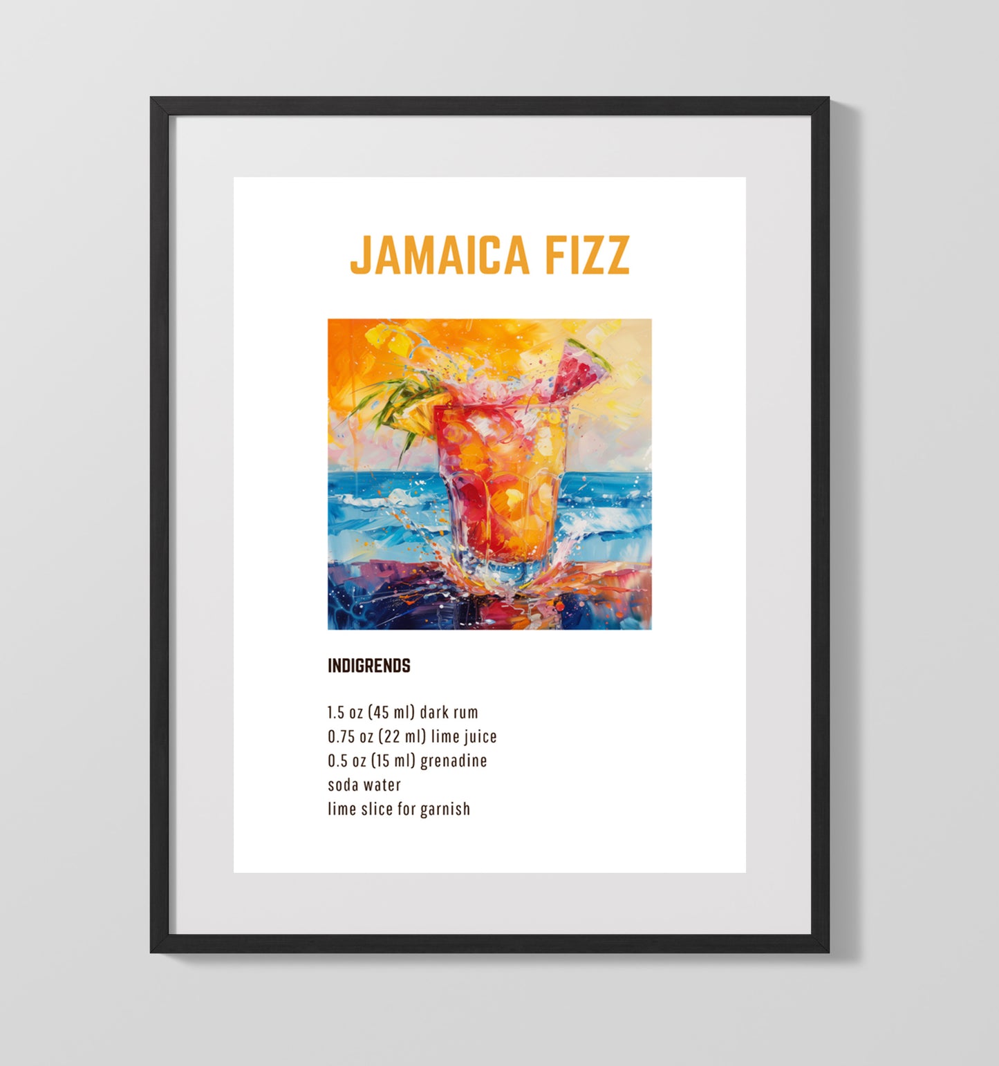 Jamaica Fizz 16x20 Unframed Print cocktail recipe wall art