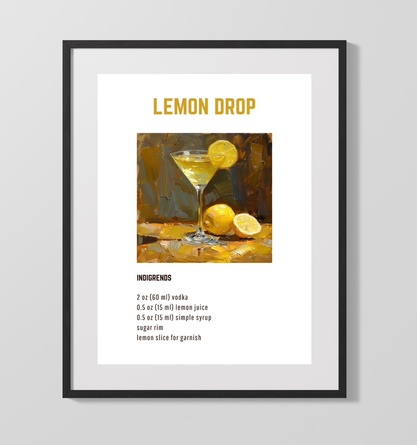 Lemon Drop 16x20 Unframed Print cocktail recipe wall art