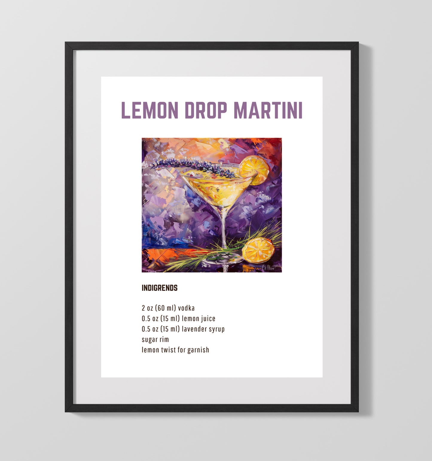 Lemon Drop Martini 16x20 Unframed Print cocktail recipe wall art