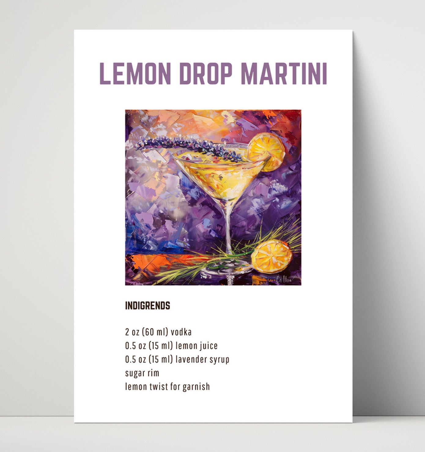 Lemon Drop Martini 16x20 Unframed Print cocktail recipe wall art print – Cocktail Recipies decor