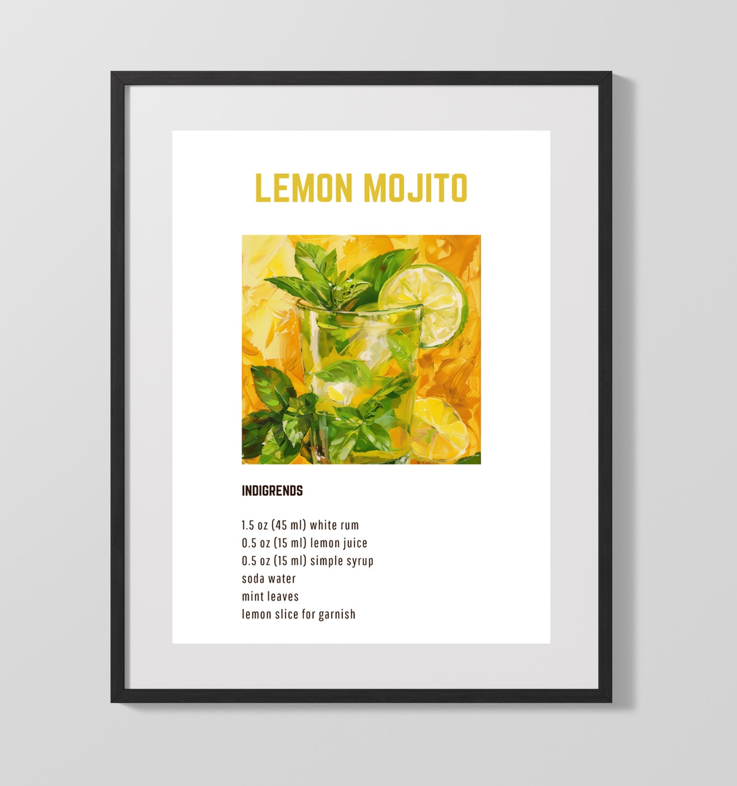 Lemon Mojito 16x20 Unframed Print cocktail recipe wall art