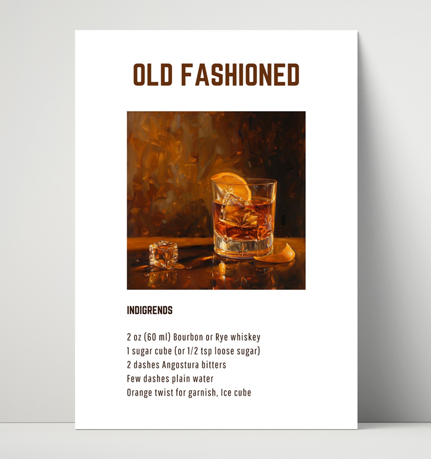 Old Fashioned 16x20 Unframed Print cocktail recipe wall art print – Cocktail Recipies decor