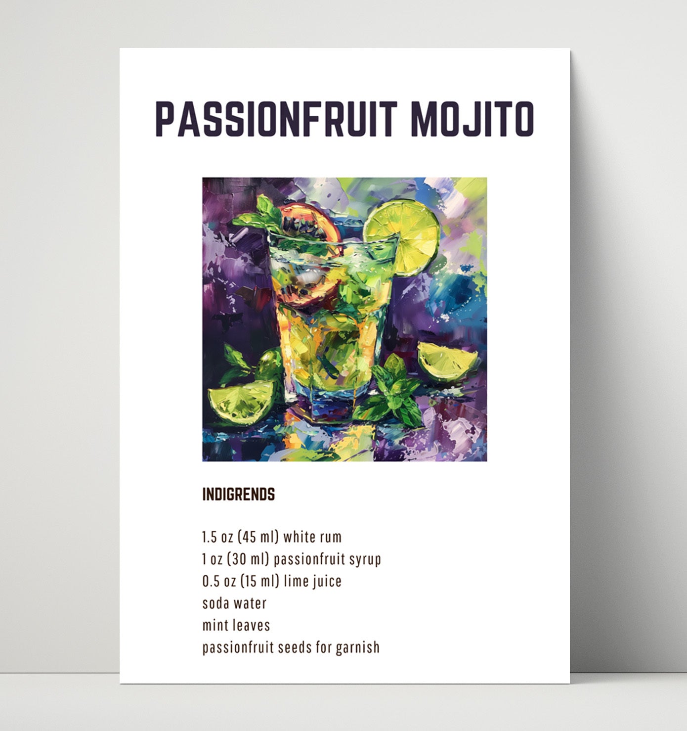 Passionfruit Mojito 16x20 Unframed Print cocktail recipe wall art print – Cocktail Recipies decor