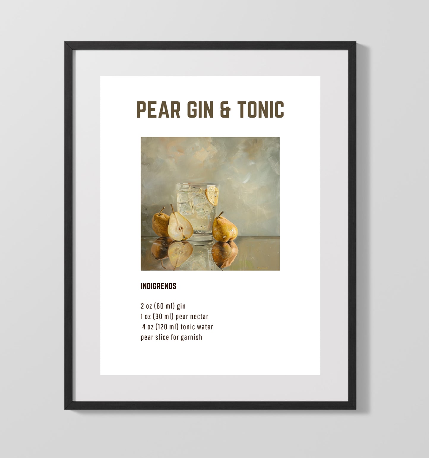 Pear Gin & Tonic 16x20 Unframed Print cocktail recipe wall art
