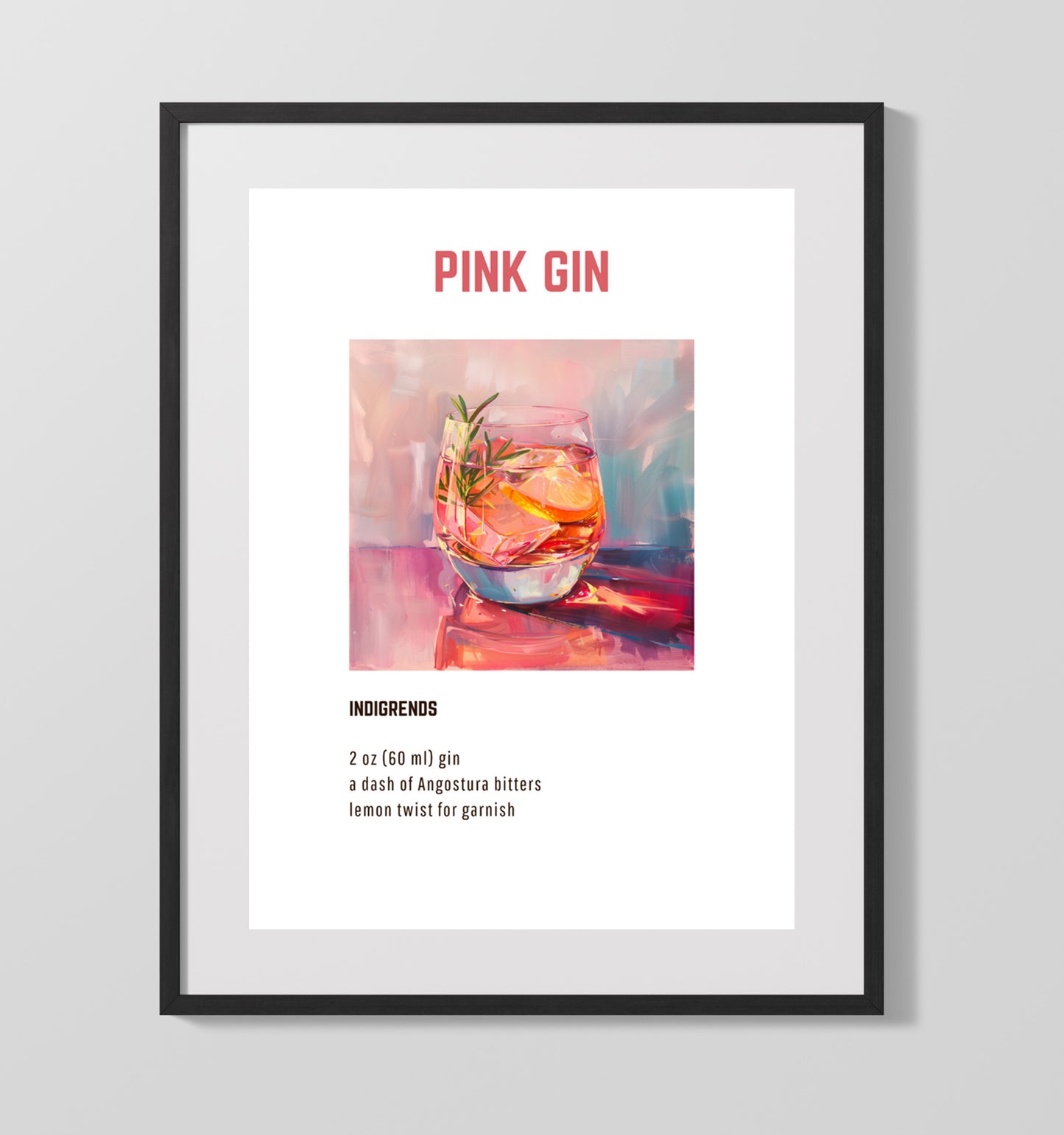 Pink Gin 16x20 Unframed Print cocktail recipe wall art