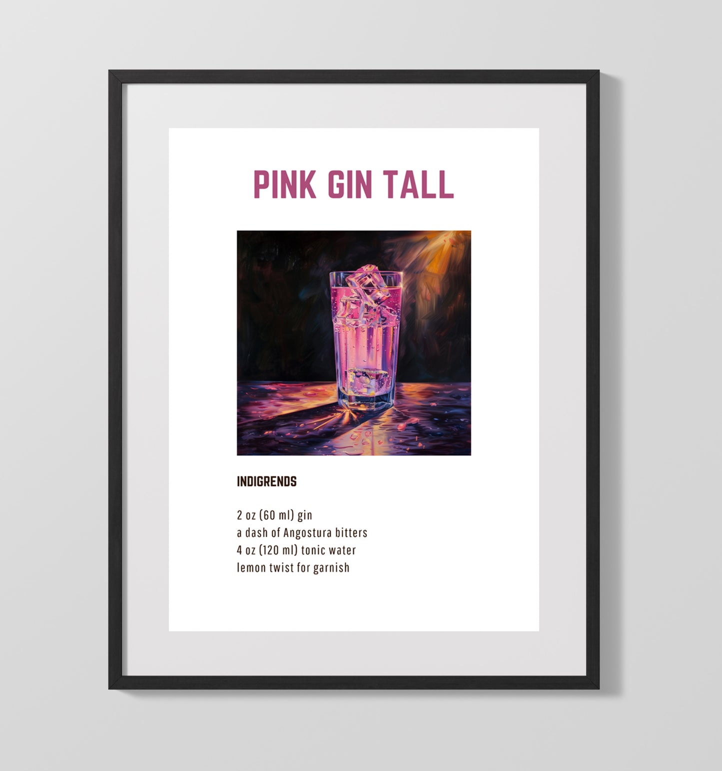 Pink Gin Tall 16x20 Unframed Print cocktail recipe wall art